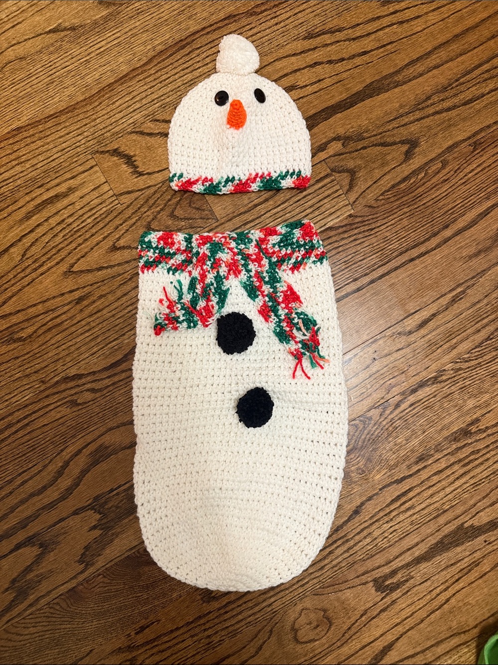 Crocheted Snowman Baby Cocoon and Hat Set - White with Red & Green Accents